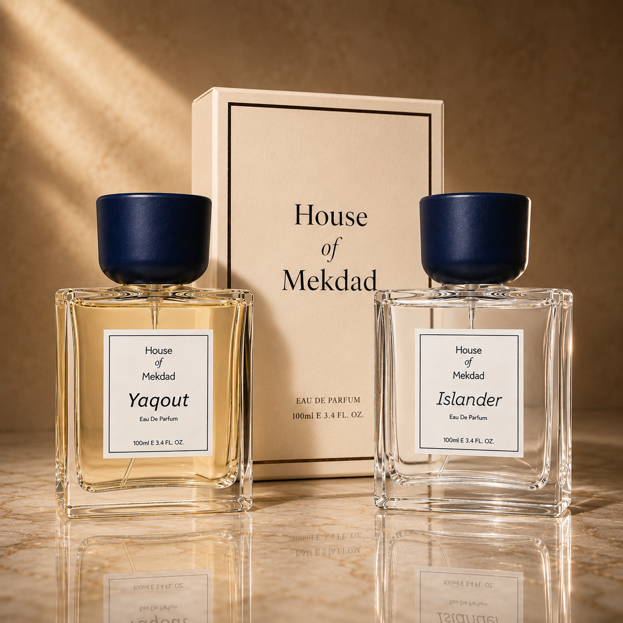 House of Mekdad Yaqout and Islander eau de parfum with luxury packaging