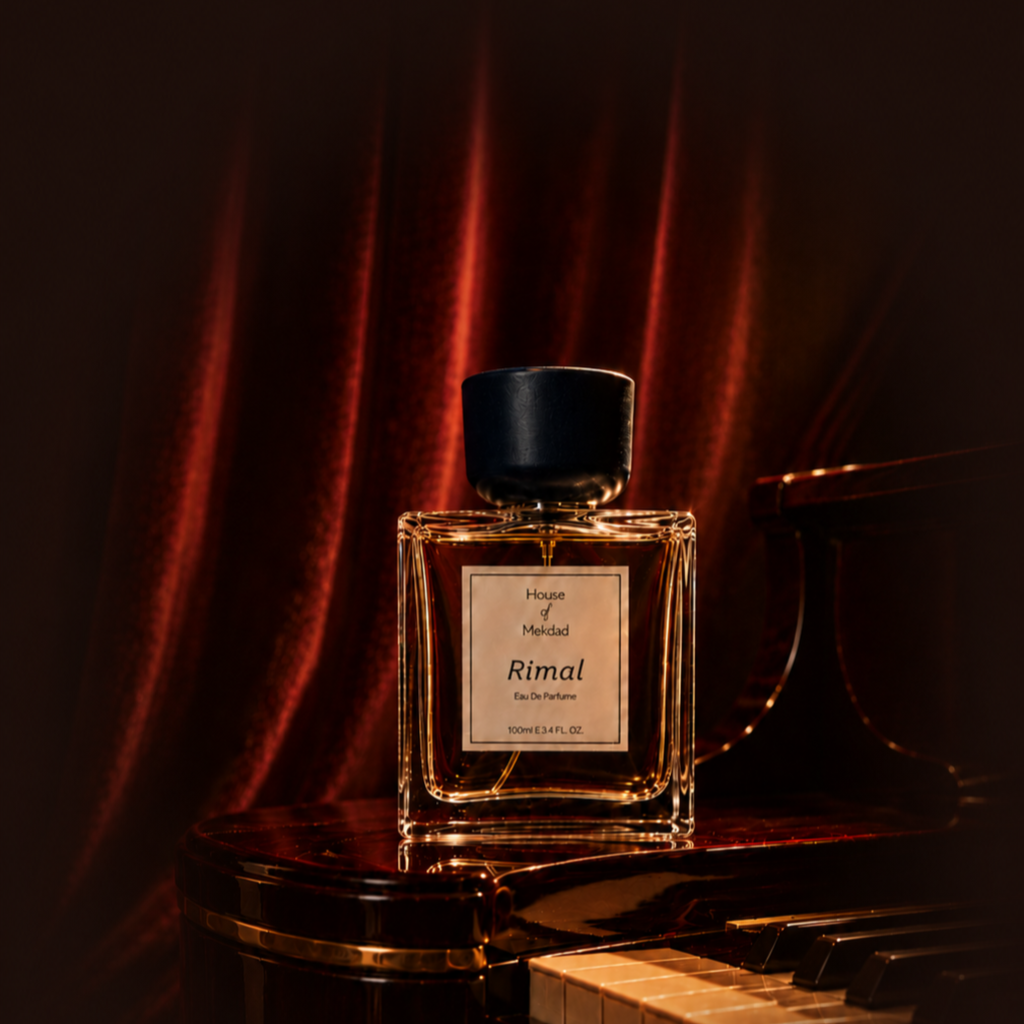 House of Mekdad Rimal eau de parfum on grand piano with red velvet curtain